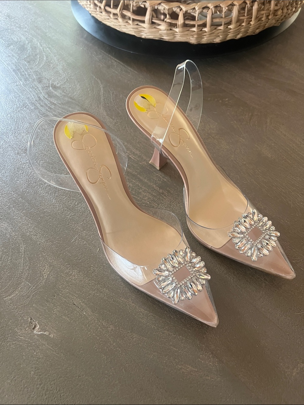 Jessica Simpson Nude Clear Slingback Heels with Crystal Brooch